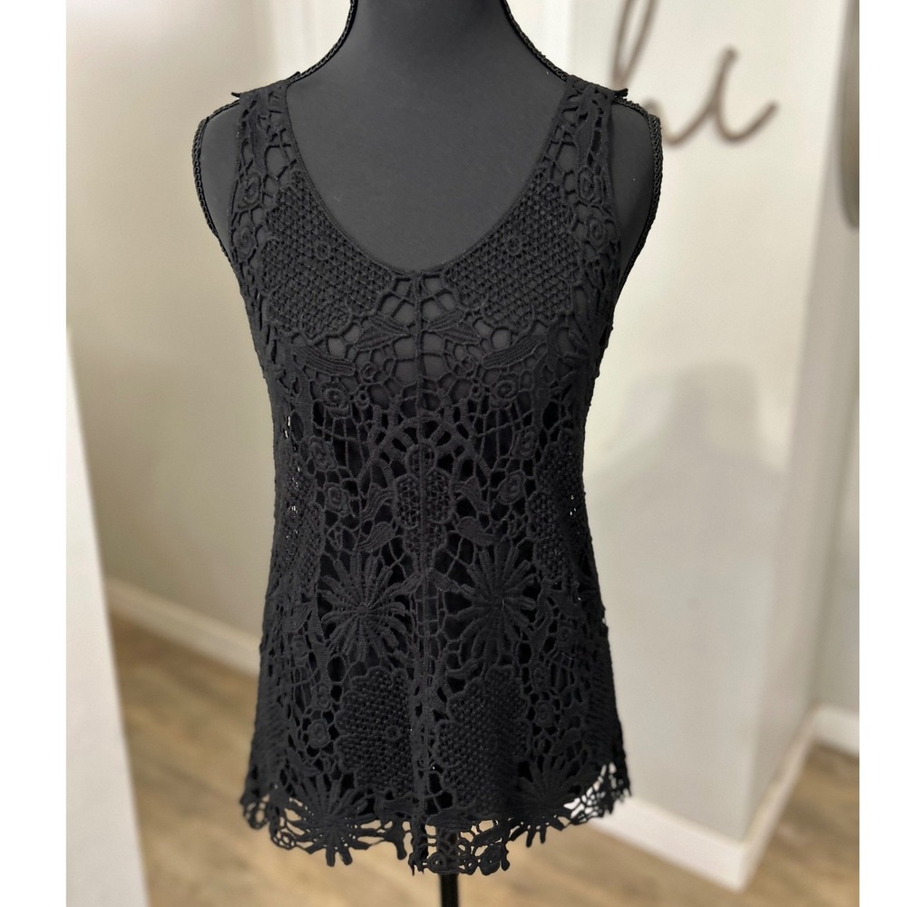 Rue 21 Black Crochet Lace Tank Top Womens Small V Neck Sleeveless Boho Beach